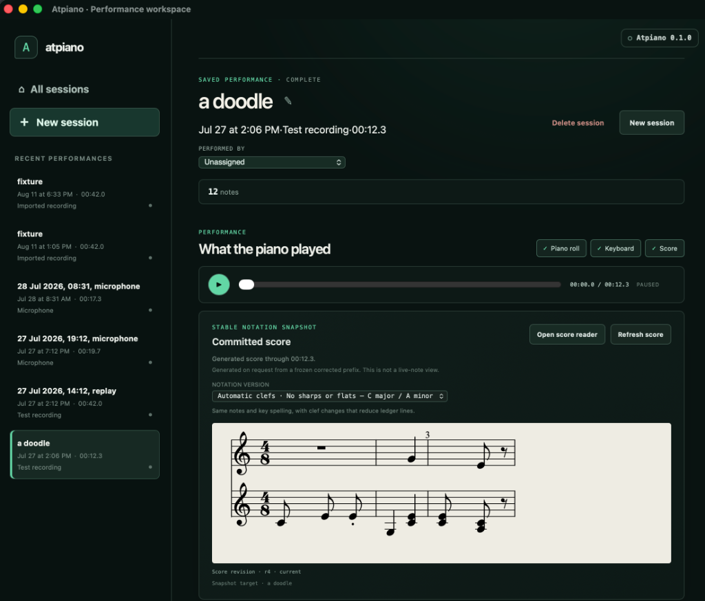 Atpiano desktop workspace with session history, playback, and generated sheet music